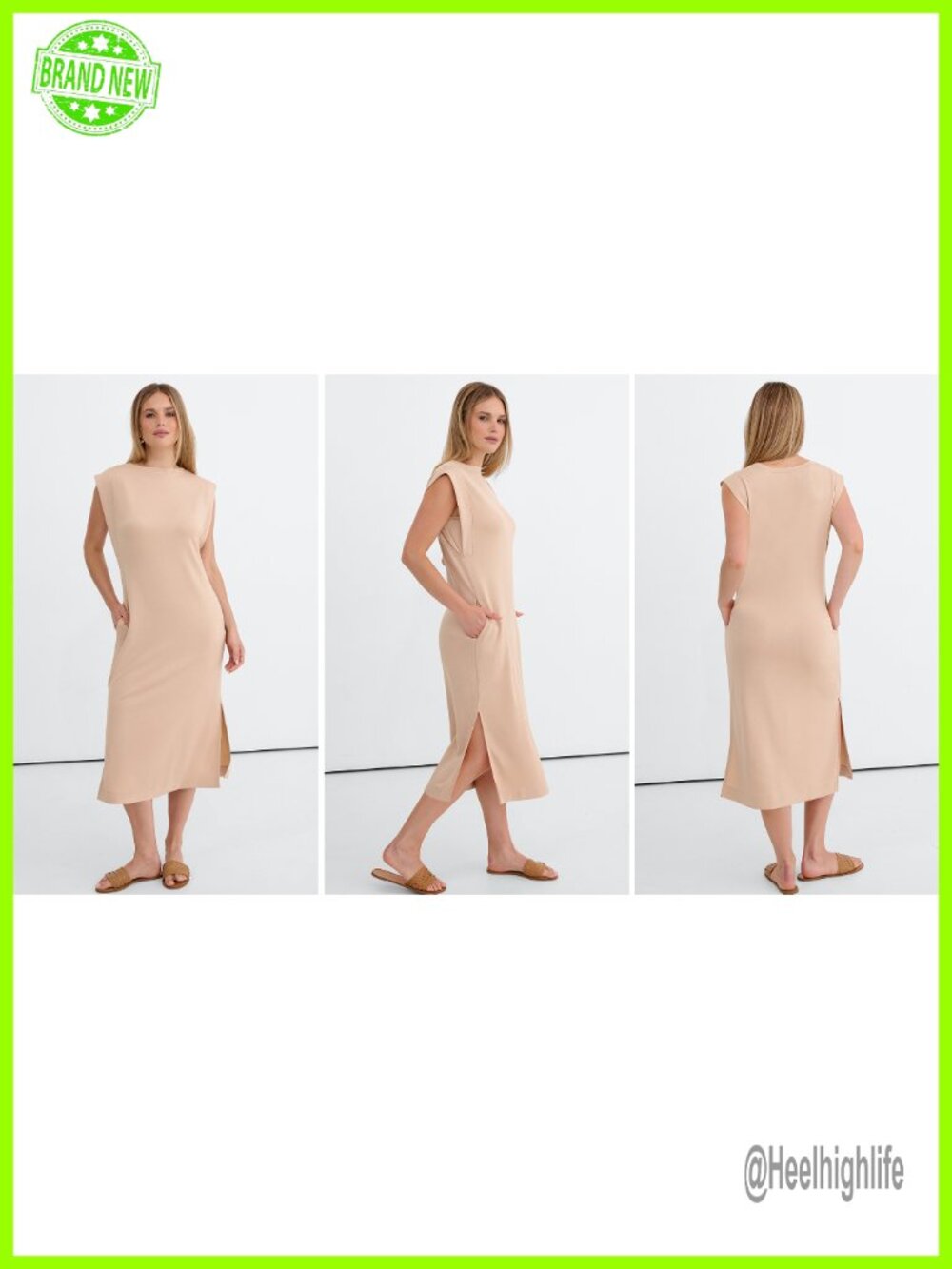 Sleeveless Crewneck Midi Dress Side Pockets Wrinkle-Free Beach Travel - Picture 7 of 7
